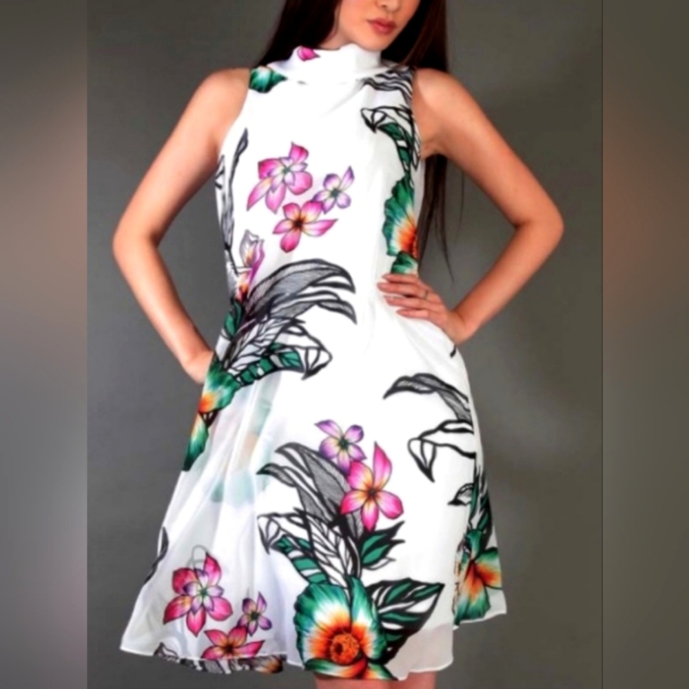 Joseph Ribkoff White Pink Floral Chiffon Flowy Sleeveless Shift Dress Size 8